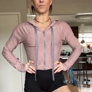 Cropped Hooded Zip Front Top - Pink